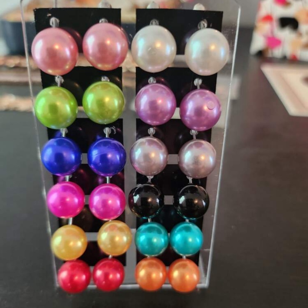 12 Pairs of Multi-color Faux Pearl, Glam, Boho, Bridal, Wedding Stud Earrings